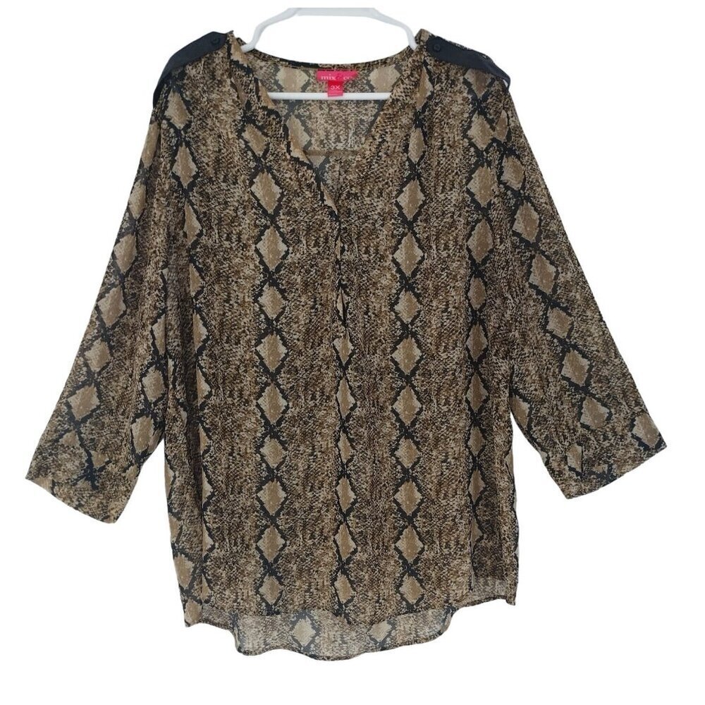 Mix & Co. Women's Snakeskin Print Button Down Polyester Blouse, Size 3X